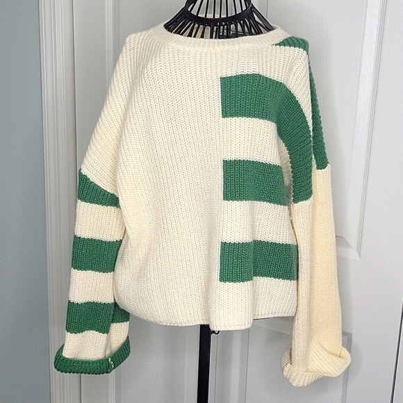 TIMING Cream and Green Striped Sweater Size Small - Picture 1 of 7